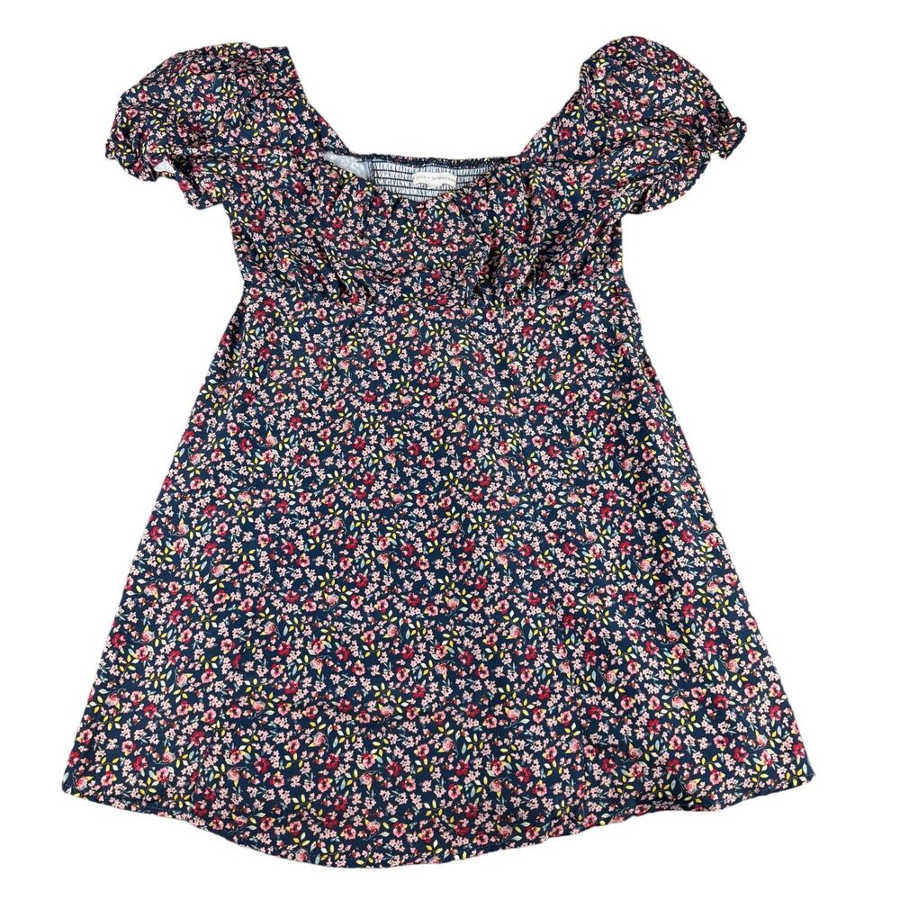 Coco + Jaimeson Dress Womens Large Navy Blue Puff Sleeve Floral Crew Neck Casual